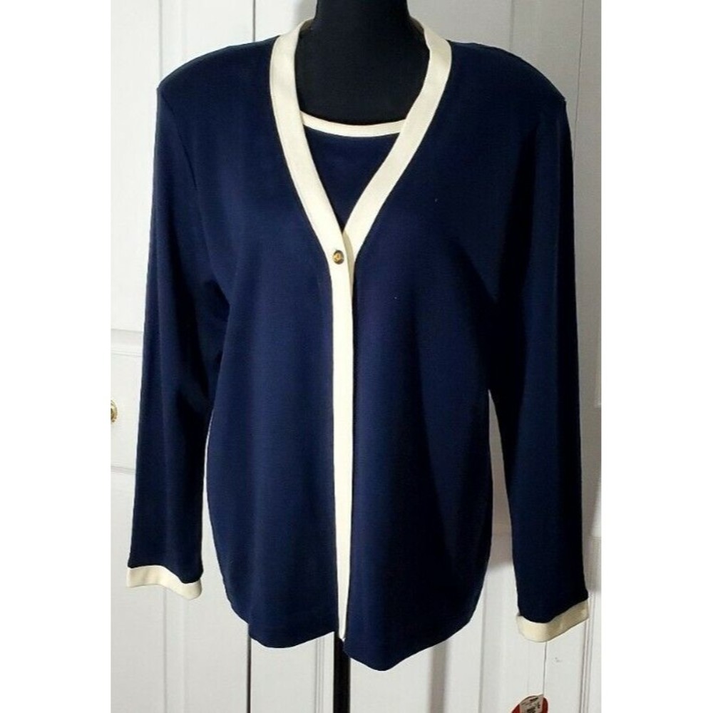 Eccobay Womens Sz M 2 in 1 Blue Ivory trim Sweater Long Sleeve Knit Top  NWT